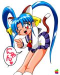  &lt;3 animal_ears apple cat_ears cat_tail food fruit heart kemonomimi_mode long_hair masaki_sasami_jurai nekomimi_mode school_uniform simple_background smile speech_bubble tail tenchi_muyo tenchi_muyou! translated wink word_bubble 