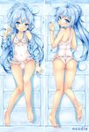  ass bare_shoulders barefoot blue_eyes blue_hair bow cameltoe dakimakura denpa_onna_to_seishun_otoko frills hair_up noodle-y noodle_(dakemakura) one-piece_swimsuit smile strap_slip swimsuit touwa_erio wedgie 