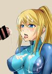  1girl blonde_hair blue_eyes breasts censored covered_nipples cum cum_in_mouth cum_on_body cum_on_breasts cum_on_clothes cum_on_hair cum_on_tongue cum_on_upper_body facial hetero large_breasts metroid open_mouth penis ponytail samus_aran sidelocks solo_focus tongue tongue_out tyobe-mk2 zero_suit 