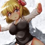  ascot bad_hands blonde_hair blush bottomless bow breasts hair_bow hair_ribbon large_breasts open_mouth outstretched_arms red_eyes ribbon rumia solo spread_arms touhou yoriyuki_chiyo 