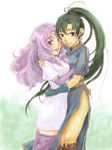  2girls blush boots circlet earrings elbow_gloves fire_emblem fire_emblem:_rekka_no_ken fire_emblem_blazing_sword florina florina_(fire_emblem) gloves green_eyes green_hair happy hug jewelry lips long_hair lyn lyndis_(fire_emblem) multiple_girls open_mouth pegasus_knight ponytail purple_eyes purple_hair side_slit smile thigh_boots thighhighs very_long_hair yuri 