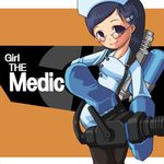  blue_eyes blue_gloves blue_hair genderswap genderswap_(mtf) glasses gloves gun hat medi_gun mr_kunimitsu nurse nurse_cap solo team_fortress_2 the_medic weapon 