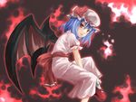  bat_wings blue_hair bow dress frilled_sleeves frills hat hat_ribbon large_bow looking_at_viewer mary_janes mob_cap open_mouth pink_dress puffy_sleeves red_eyes red_footwear remilia_scarlet ribbon shoes socks solo touhou wings yuuta_(tokoton_hirune_hiyori) 