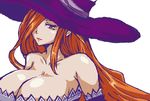  bare_shoulders breasts brown_eyes brown_hair cleavage dragon's_crown hair_over_one_eye hat kumaichi large_breasts long_hair solo sorceress_(dragon's_crown) 
