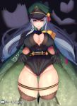  1girl absurdres belt black_gloves black_legwear blurry book boots breasts cleavage cleavage_cutout coat commentary depth_of_field epaulettes fate/grand_order fate_(series) full_body gloves gluteal_fold green_footwear green_legwear groin hat helena_blavatsky_(fate/grand_order) hexagram highres large_breasts lifted_by_self lingerie long_hair looking_at_viewer military_hat open_book peaked_cap pink_seitokaichou purple_eyes simple_background smile solo thigh_boots thighhighs underwear watermark web_address white_background white_hair 