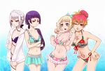  ao_no_exorcist bikini blonde_hair braid breast_envy breasts cleavage comparison eyebrows flat_chest frilled_bikini frills front-tie_top frown groin hair_bun hair_ribbon hood hoodie houjou_mamushi kamiki_izumo kirigakure_shura large_breasts looking_at_breasts moriyama_shiemi multiple_girls navel one_eye_closed panier2 ponytail pouty_lips purple_hair red_hair ribbon short_eyebrows side-tie_bikini silver_hair smile swimsuit tattoo thigh_gap 