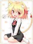  animal_ears ascot blonde_hair blush bow cat_ears cat_tail dress dress_shirt eighth_note fang kemonomimi_mode musical_note natsu_no_koucha open_mouth red_eyes ribbon rumia shirt short_hair sitting socks solo speech_bubble spoken_musical_note tail touhou v_arms wariza white_legwear 