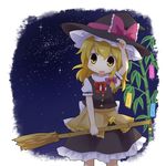  bamboo bamboo_broom blonde_hair braid broom hair_ribbon hand_on_headwear hat highres kirisame_marisa night open_mouth ribbon shirt skirt solo star star_(sky) tanabata touhou transparent_background witch witch_hat yamabuki_(yusuraume) yellow_eyes 