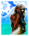  breasts dark_skin mermaid monster_girl pointy_ears scales silver_hair sky solo water yellow_eyes 