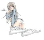  as-special ass blue_eyes blush eila_ilmatar_juutilainen feet hard_translated long_hair panties pantyhose satou_atsuki strike_witches sweat translated underwear white_hair white_legwear 