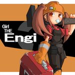  brown_hair bubble_blowing chewing_gum genderswap genderswap_(mtf) gloves helmet long_hair mr_kunimitsu orange_eyes overalls solo team_fortress_2 the_engineer toolbox twintails wrench 