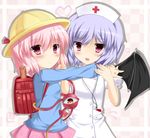  backpack bag bat_wings blue_hair blush cosplay dress eyeball fang fujieda_uzuki hat holding_hands hug interlocked_fingers kindergarten komeiji_satori multiple_girls nurse nurse_cap open_mouth pink_eyes pink_hair pink_skirt randoseru remilia_scarlet school_hat shirt short_hair skirt syringe third_eye touhou upper_body white_dress wings 