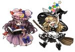  :&lt; bad_id bad_pixiv_id bangs barefoot bespectacled blonde_hair blunt_bangs braid brown_eyes chibi crescent glasses hat highres kirisame_marisa long_hair mitsuki_(goomoku) multiple_girls one_eye_closed pantyhose patchouli_knowledge purple_hair silver_hair star touhou white_legwear witch_hat 