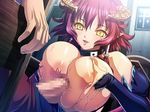  1boy 1girl bare_shoulders breasts censored deep_skin demon_girl fang game_cg gloves horns huge_breasts kyonyuu_fantasy nipples paizuri penis red_hair shamsiel shamujerushaharu succubus sweat waffle yellow_eyes 