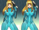  blonde_hair blue_eyes bodysuit gun metroid nintendo ponytail samus_aran solo stereogram weapon zero_suit 