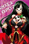  bare_shoulders between_breasts black_hair blazblue breasts china_dress chinese_clothes cleavage cleavage_cutout detached_sleeves dress gift glasses happy_birthday huge_breasts lao_jiu litchi_faye_ling long_hair official_art red_eyes solo very_long_hair 