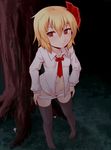  ayagi_daifuku black_legwear blonde_hair blush child dress_shirt groin hair_ribbon navel no_pants open_clothes open_shirt outdoors panties panty_pull petite ribbon rumia shirt short_hair slit_pupils smile solo thighhighs touhou tree underwear undressing white_panties 