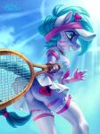  &lt;3 &lt;3_eyes anthro blue_eyes blue_hair bottomless braided_hair braided_tail butt clothed clothing colored_nails cutie_mark dawny_(oc) equid equine fan_character female freckles hair holivi horse mammal miniskirt my_little_pony pink_nails pony skirt solo stripes tennis tennis_racket underwear visor zebra 