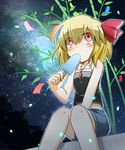  bamboo blonde_hair blush camisole casual contemporary eating food hair_ribbon highres jewelry looking_up midriff necklace night pendant popsicle red_eyes ribbon rumia shirt short_hair shorts sitting solo star_(sky) tanabata touhou yutamaro 