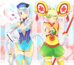  ? bare_shoulders blue_eyes blue_hair blue_rose_(tiger_&amp;_bunny) breasts chinese_clothes cleavage crystal_earrings detached_sleeves dragon_kid earrings elbow_gloves gloves green_eyes green_hair hand_on_hip hat heart huang_baoling jewelry karina_lyle konomine lipstick makeup medium_breasts multiple_girls one_eye_closed pointing short_hair shorts staff superhero thighhighs tiger_&amp;_bunny 