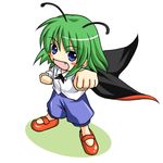  antenna antennae blue_eyes blush_stickers cape clenched_hand fang female fist green_hair loli lowres open_mouth touhou wriggle_nightbug 