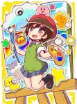  1girl :d ado art_brush bangs beret black_legwear blue_skirt blush brown_eyes brown_footwear brown_hair canvas_(object) character_request cloud collared_shirt commentary_request crescent_moon easel eyebrows_visible_through_hair green_shirt hair_between_eyes hat holding holding_paintbrush kirby kirby&#039;s_dream_land_3 kirby_(series) loafers looking_at_viewer maxim_tomato miniskirt moon naga_u nintendo open_mouth paintbrush pleated_skirt red_hat shirt shoes short_sleeves skirt smile socks star sun 