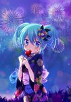  aerial_fireworks alternate_hairstyle aqua_eyes aqua_hair bad_id bad_pixiv_id blush candy_apple double_bun festival fireworks fish flower food hair_flower hair_ornament hatsune_miku japanese_clothes kimono long_hair night sakuro solo sweatdrop vocaloid 