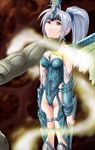  1girl armor beimei blue_hair boots choking defeated detached_sleeves drool drooling female headband ibo legend_of_dragoon leotard melbu_frahma meru_(dragoon) meru_(lod) pixiv_manga_sample ponytail red_eyes saliva strangling strangulation sweat the_legend_of_dragoon thigh_strap wingly wings 