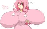  blush breast_lift breasts curvy erect_nipples gigantic_breasts long_hair original pink_eyes pink_hair pointy_ears shirt simple_background wide_hips zeon_(pixiv722928) 