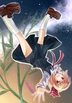  bamboo blonde_hair bow dress hair_bow highres long_sleeves looking_at_viewer miyakure open_mouth outstretched_arms red_eyes ribbon rumia shoes short_hair sky socks solo star_(sky) starry_sky tanabata touhou upside-down vest 