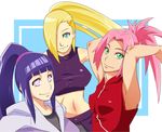  alternate_hairstyle blonde_hair blue_eyes blue_hair green_eyes hair_over_one_eye haruno_sakura highres hyuuga_hinata long_hair midriff multiple_girls naruto naruto_(series) naruto_shippuuden navel pink_hair purple_eyes sunahara_wataru yamanaka_ino 