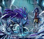  bike_shorts blue_hair crystal_(pokemon) gen_2_pokemon jacket jewelry muku0615 necklace pokegear pokemon pokemon_(creature) pokemon_(game) pokemon_gsc pokemon_special sketch suicune water 