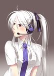  ahoge caffein dress_shirt hair_ribbon headphones headset highres lips long_hair looking_away necktie parted_lips ponytail red_eyes ribbon shirt solo tie_clip upper_body v_arms very_long_hair vocaloid white_hair yowane_haku 