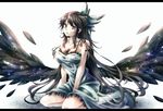  alternate_costume brown_eyes brown_hair heart kneeling letterboxed long_hair namuko open_mouth reiuji_utsuho sitting solo strap_slip third_eye touhou very_long_hair wariza wings 