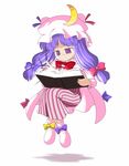  book bow crescent dress female floating hair_bow hat mob_cap patchouli_knowledge purple_eyes purple_hair reading ribbon sitting solo striped striped_dress touhou vertical_stripes violet_eyes violet_hair 