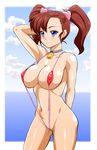  1girl artist_request bakusou_kyoudai_let's_&amp;_go!! bakusou_kyoudai_letâ€™s_&amp;_go_max bell blue_eyes blush breasts brown_hair character_request cow_bell erect_nipples hokuto_(tokuho) large_breasts ocean oogami_marina sea sling_bikini solo swimsuit twintails uncensored 