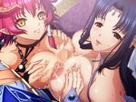  2girls bare_shoulders black_hair breast_press breasts censored double_paizuri fang game_cg horns huge_breasts kyonyuu_fantasy lactation large_breasts looking_at_viewer mole mosaic_censoring multiple_girls multiple_paizuri nipples paizuri penis pov red_hair rokusaanu_do_dejiiru shamsiel shamujerushaharu symmetrical_docking teamwork waffle 