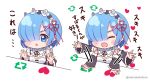  blue_eyes blue_hair chibi fujishiro_kokoa headdress heart maid parody re:zero_kara_hajimeru_isekai_seikatsu rem_(re:zero) short_hair translation_request watermark white 