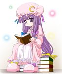  1girl artist_request book dress female patchouli_knowledge purple_eyes purple_hair reading ribbon solo touhou violet_eyes violet_hair 