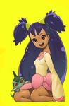  axew bad_id bad_pixiv_id big_hair blush bow breasts brown_eyes coon dark_skin gen_5_pokemon highres iris_(pokemon) long_hair looking_at_viewer pink_bow pokemon pokemon_(creature) pokemon_(game) pokemon_bw purple_hair shiny shiny_skin small_breasts smile theft two_side_up very_long_hair 