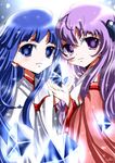  2girls blue_hair furude_rika hanyuu higurashi_no_naku_koro_ni horns japanese_clothes kimono long_hair multiple_girls purple_eyes purple_hair 