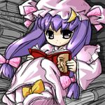  1girl book bow crescent dress female hair_bow hat lowres mob_cap patchouli_knowledge purple_eyes purple_hair reading ribbon solo touhou violet_eyes violet_hair 