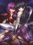  2girls backboob black_hair blue_hair breasts cameltoe fishnets igawa_asagi kagami kagami_hirotaka large_breasts multiple_girls nipple nipples oboro_(taimanin_asagi) pantyhose purple_hair skin_tight taimanin_asagi thighhighs 