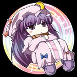  blush_stickers book crescent_moon female hat looking_at_viewer lowres lying moon patchouli_knowledge purple_eyes purple_hair ribbon solo touhou violet_eyes violet_hair 