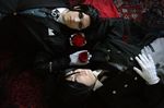  black_hair claude_faustus cosplay flower formal gloves kuroshitsuji photo real red_eyes red_rose rose sebastian_michaelis suit 