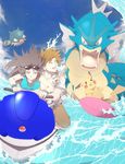  1girl bad_id bad_pixiv_id blue_(pokemon) brown_hair day gen_1_pokemon gen_2_pokemon gyarados hawaiian_shirt jewelry necklace ocean ookido_green pikachu poke_ball pokemon pokemon_(creature) pokemon_(game) pokemon_frlg qwilfish rotasu shirt sky sunglasses surfboard surfing water waves 