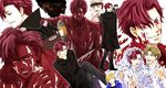  4boys ? baccano! bandana black_hair blonde_hair blood blue_eyes bow bowtie bridal_veil claire_stanfield closed_eyes czeslaw_meyer glowing glowing_eyes graham_spector hair_over_one_eye hat highres kaoru ladd_russo md5_mismatch multiple_boys one_eye_closed rachel_(baccano!) red_eyes red_hair veil yaoi 