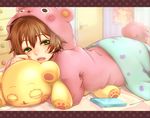  bandaid brown_hair door emu_(trigger) green_eyes handheld_game_console hood hoodie lying male_focus nintendo_ds nintendo_ds_lite on_stomach open_mouth original pajamas poster_(object) solo stuffed_animal stuffed_toy 