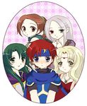  armor blonde_hair blue_eyes blush brown_eyes brown_hair cape cath cecilia_(fire_emblem) fire_emblem fire_emblem:_fuuin_no_tsurugi fire_emblem_fuuin_no_tsurugi green_eyes green_hair guinevere guinevere_(fire_emblem) headband heterochromia idoun jewelry lowres multiple_girls necklace pointy_ears red_eyes silver_hair 
