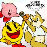  anthro canid canine clothing english_text fox fox_mccloud gloves gray_glove group kirby kirby_(series) logo male mammal nintendo nishi orange_glove pac-man pac-man_(series) shirt star_fox super_smash_brothers super_smash_brothers_ultimate tank_top text video_games waddling_head white_topwear white_underwear 